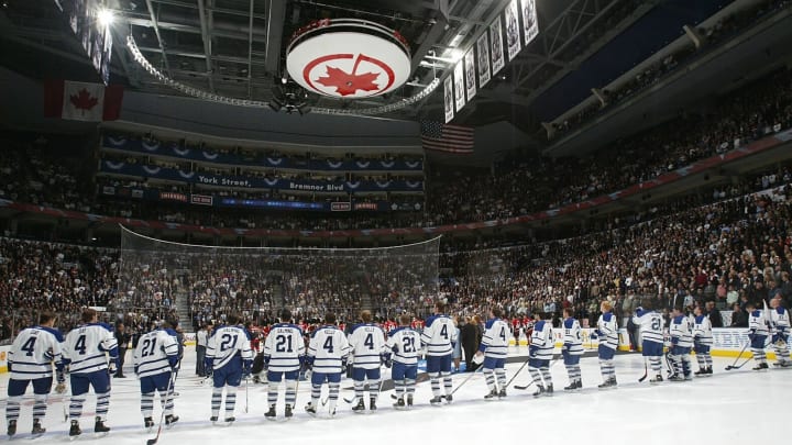 TORONTO – OCTOBER 4: Too celebrate the achievements of three former Toronto Maple Leafs players, Leonard “Red” Kelly, Clarence “Hap” Day, and Borje Salming, . (Photo by Dave Sandford/Getty Images)