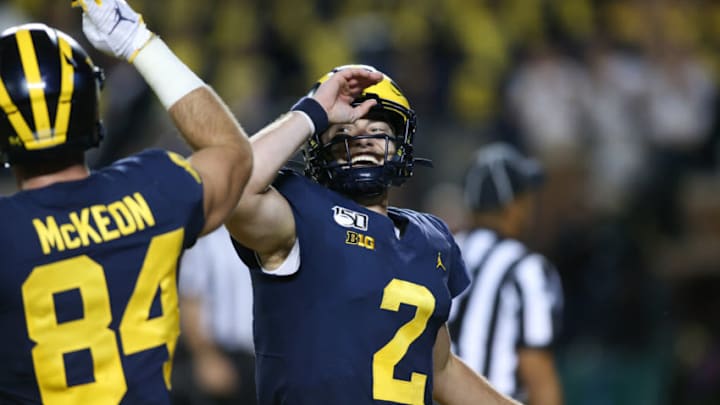 ANN ARBOR, MI - AUGUST 31: Michigan Wolverines quarterback Shea Patterson (2) celebrates with Michigan Wolverines tight end Sean McKeon (84) after a score during a non-conference game between the Middle Tennessee State Blue Raiders and the Michigan Wolverines on August 31, 2019 at Michigan Stadium in Ann Arbor, Michigan. Michigan defeated Middle Tennessee State 40-21. (Photo by Scott W. Grau/Icon Sportswire via Getty Images) ANN ARBOR, MI - AUGUST 31: Michigan Wolverines quarterback Shea Patterson (2) celebrates with Michigan Wolverines tight end Sean McKeon (84) after a score during a non-conference game between the Middle Tennessee State Blue Raiders and the Michigan Wolverines on August 31, 2019 at Michigan Stadium in Ann Arbor, Michigan. Michigan defeated Middle Tennessee State 40-21. (Photo by Scott W. Grau/Icon Sportswire via Getty Images)