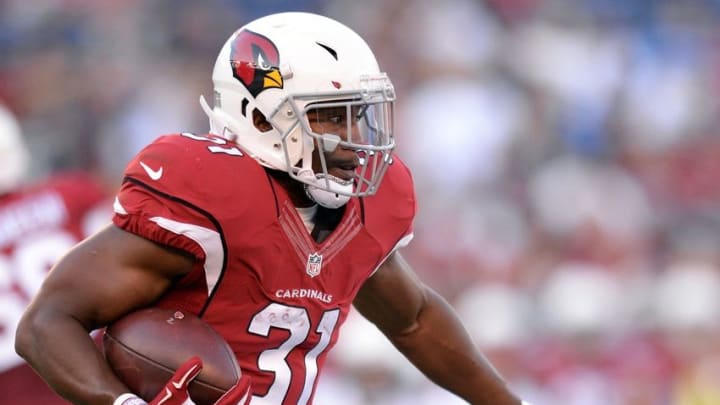 Aug 19, 2016; San Diego, CA, USA; Arizona Cardinals running back David Johnson (31) runs the ball during the first quarter against the San Diego Chargers at Qualcomm Stadium. Mandatory Credit: Jake Roth-USA TODAY Sports