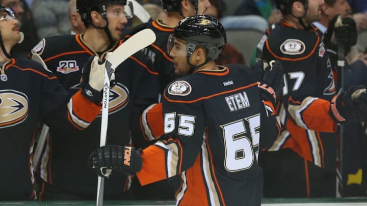DALLAS, TX - NOVEMBER 26: Emerson Etem #65 of the Anaheim Ducks celebrates his goal against the Dallas Stars in the first period at American Airlines Center on November 26, 2013 in Dallas, Texas. (Photo by Ronald Martinez/Getty Images)