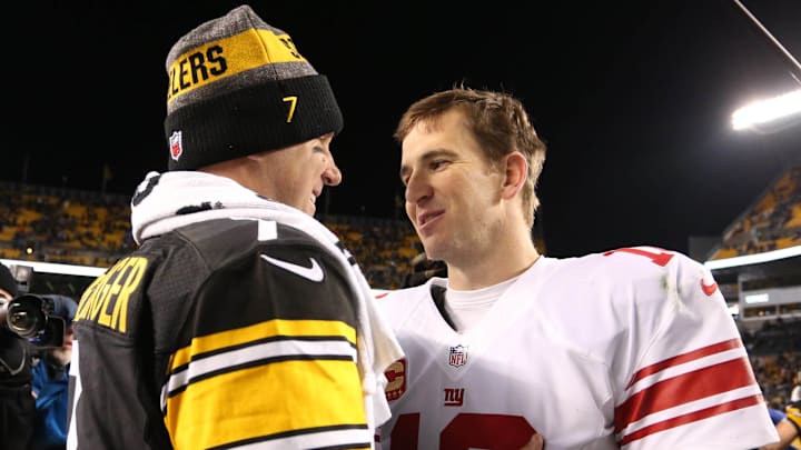 Dec 4, 2016; Pittsburgh, PA, USA; Pittsburgh Steelers quarterback Ben Roethlisberger (7) and New York Giants quarterback Eli Manning (10) meet after their game at Heinz Field. The Steelers won 24-14. Mandatory Credit: Charles LeClaire-USA TODAY Sports