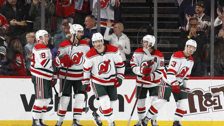 Ondrej Palat #18, Kevin Bahl #88, Dougie Hamilton #7, Jack Hughes #86, and Nico Hischier #13 of the New Jersey Devils celebrate a goal scored by Hamilton during the third period against the Ottawa Senators at Prudential Center on March 25, 2023 in Newark, New Jersey. The Devils won 5-3. (Photo by Sarah Stier/Getty Images)