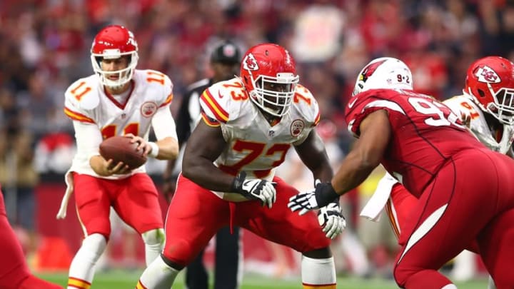 Dec 7, 2014; Glendale, AZ, USA; Kansas City Chiefs guard Zach Fulton (73) against the Arizona Cardinals at University of Phoenix Stadium. The Cardinals defeated the Chiefs 17-14. Mandatory Credit: Mark J. Rebilas-USA TODAY Sports