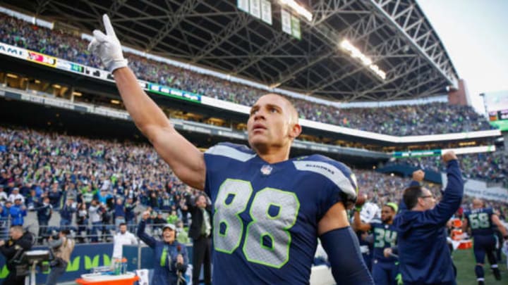 SEATTLE, WA – OCTOBER 29: Tight end Jimmy Graham #88 of the Seattle Seahawks celebrates after scoring the winning touchdown to beat the Houston Texans 41-38 at CenturyLink Field on October 29, 2017 in Seattle, Washington. (Photo by Otto Greule Jr/Getty Images)