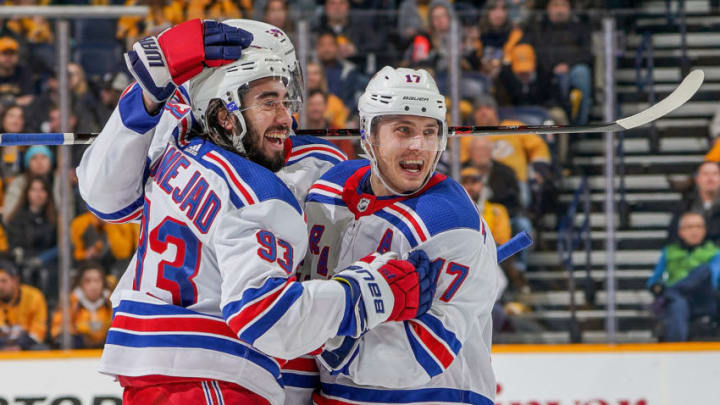 NASHVILLE, TN - DECEMBER 29: Jesper Fast #17 of the New York Rangers celebrates his goal with Mika Zibanejad #93 against the Nashville Predators at Bridgestone Arena on December 29, 2018 in Nashville, Tennessee. (Photo by John Russell/NHLI via Getty Images)