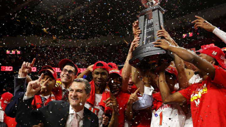 COLLEGE PARK, MARYLAND - MARCH 08: Head coach Mark Turgeon of the Maryland Terrapins celebrates with the trophy after defeating the Michigan Wolverines 83-70 to clinch a share of the Big Ten regular season title at Xfinity Center on March 08, 2020 in College Park, Maryland. (Photo by Rob Carr/Getty Images)