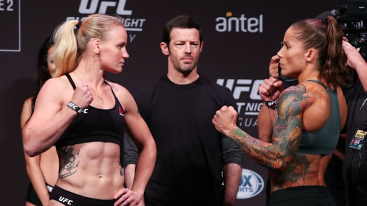 MONTEVIDEO, URUGUAY - AUGUST 09: (L-R) Valentina Shevchenko and Liz Carmouche face off during the UFC Fight Night official weigh-in at Antel Arena on August 9, 2019 in Montevideo, Uruguay. (Photo by Alexandre Schneider /Zuffa LLC/Zuffa LLC)