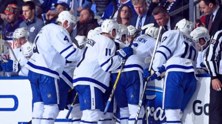 TORONTO, ON – DECEMBER 3: Toronto Marlies get last minute instructions from Head coach Sheldon Keefe during AHL game action against the Hartford Wolf Pack on December 3, 2016 at Ricoh Coliseum in Toronto, Ontario, Canada. (Photo by Graig Abel/Getty Images)