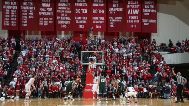 Mar 7, 2015; Bloomington, IN, USA; Indiana Hoosiers guard Yogi Ferrell (11) misses a game tying free throw with 2 seconds to go in the game against the Michigan State Spartans at Assembly Hall. Mandatory Credit: Brian Spurlock-USA TODAY Sports