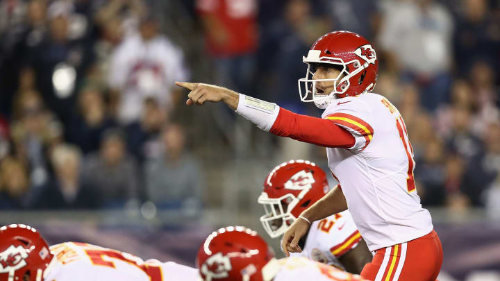 Alex Smith #11 of the Kansas City Chiefs gestures at the line of scrimmage (Photo by Maddie Meyer/Getty Images)