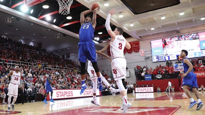Jan 4, 2017; Queens, NY, USA; Creighton Bluejays center Justin Patton (23) drives up for a dunk during the first half against the St. John