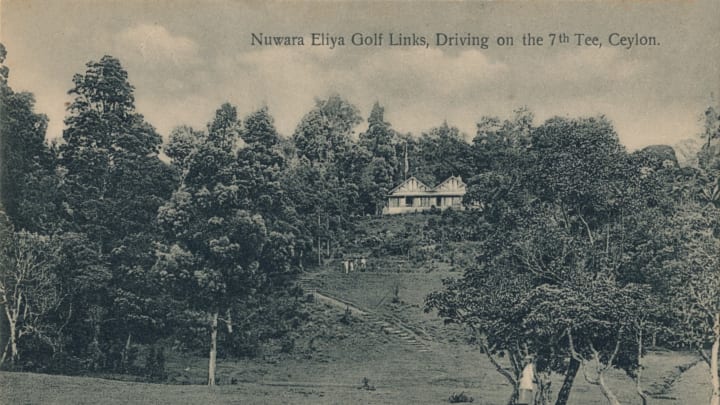 Nuwara Eliya Golf Links, Driving on the 7th Tee, Ceylon’, circa 1900. Nuwara Eliya, Central Province, Sri Lanka. The Nuwara Eliya golf course was constructed in 1889 by a Scottish soldier of the Gordon Highlanders for the British servicemen and officials who were posted at Nuwara Eliya. [Plate Ltd, Ceylon, circa 1900]. Artist: Unknown. (Photo by The Print Collector/Getty Images)