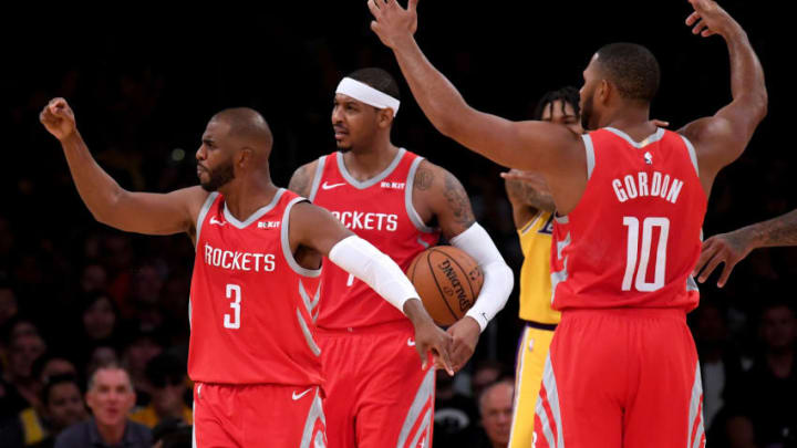 LOS ANGELES, CA - OCTOBER 20: Chris Paul #3, Carmelo Anthony #7 and Eric Gordon #10 of the Houston Rockets call for a continuation basket on a shot by James Harden #13 after a foul by Brandon Ingram #14 of the Los Angeles Lakers during the fourth quarter at Staples Center on October 20, 2018 in Los Angeles, California. (Photo by Harry How/Getty Images)