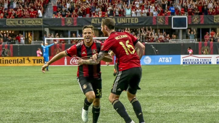 ATLANTA, UNITED STATES - APRIL 28: Kevin Kratz of Atlanta United celebrates 4-1 with Chris McCann of Atlanta United during the match between Atlanta United FC v Montreal Impact at the Mercedes-Benz Stadium on April 28, 2018 in Atlanta United States (Photo by Peter Lous/Soccrates/Getty Images)
