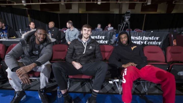 WHITE PLAINS, NY - JANUARY 19: New York Knicks players Noah Vonleh, Luke Kornet and Emmanuel Mudiay attend the Westchester Knicks against the Delaware Blue Coats NBA G-League game on January 19, 2019 at Westchester County Center in White Plains, New York. NOTE TO USER: User expressly acknowledges and agrees that, by downloading and or using this photograph, User is consenting to the terms and conditions of the Getty Images License Agreement. Mandatory Copyright Notice: Copyright 2019 NBAE (Photo by Michelle Farsi/NBAE via Getty Images)