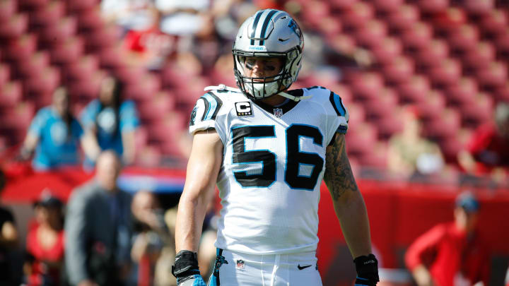Jan 1, 2017; Tampa, FL, USA; Carolina Panthers middle linebacker A.J. Klein (56) against the Tampa Bay Buccaneers works out prior to the game at Raymond James Stadium. Mandatory Credit: Kim Klement-USA TODAY Sports