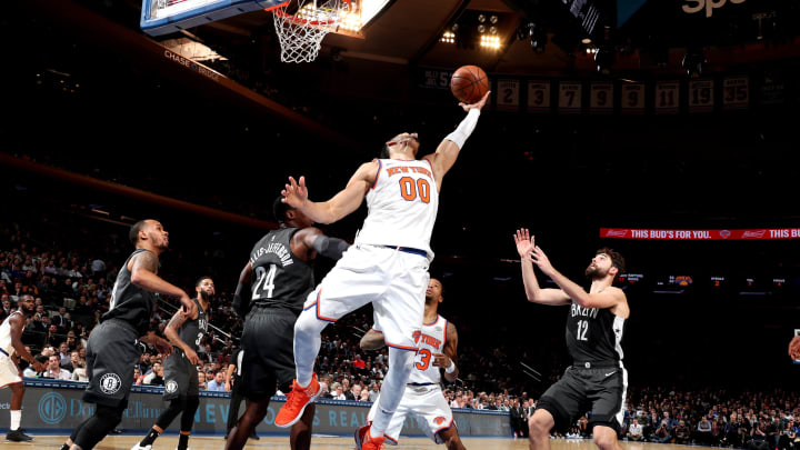 NEW YORK, NY – OCTOBER 29: Enes Kanter #00 of the New York Knicks shoots the ball against the Brooklyn Nets on October 29, 2018 at Madison Square Garden in New York City, New York. NOTE TO USER: User expressly acknowledges and agrees that, by downloading and or using this photograph, User is consenting to the terms and conditions of the Getty Images License Agreement. Mandatory Copyright Notice: Copyright 2018 NBAE (Photo by Nathaniel S. Butler/NBAE via Getty Images)