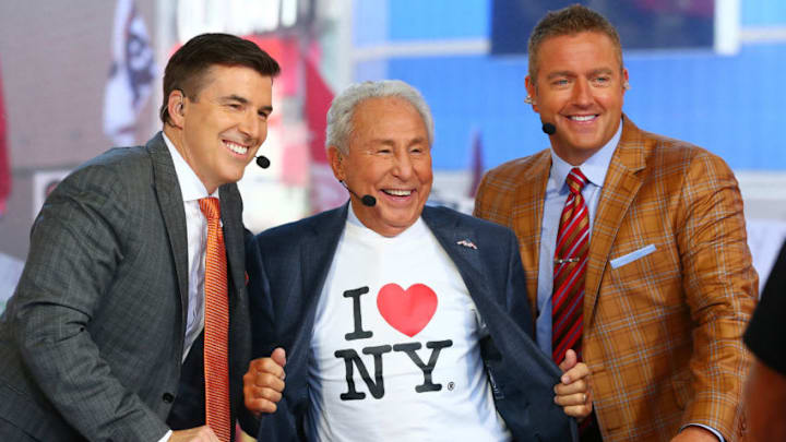 NEW YORK, NY - SEPTEMBER 23: ESPN's College GameDay Analysts Chris Fowler, Lee Corso and Kirk Herbstreit, pose for a photo during ESPN's College GameDay show at Times Square on September 23, 2017 in New York City. (Photo by Mike Stobe/Getty Images)