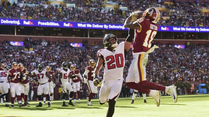 LANDOVER, MD - NOVEMBER 04: Wide receiver Josh Doctson #18 of the Washington Redskins catches a pass for a touchdown against free safety Isaiah Oliver #20 of the Atlanta Falcons in the second quarter at FedExField on November 4, 2018 in Landover, Maryland. (Photo by Patrick McDermott/Getty Images)