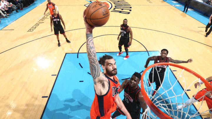 OKLAHOMA CITY, OK - APRIL 23: Steven Adams #12 of the OKC Thunder goes up for a dunk against the Houston Rockets during Game Four of the Western Conference Quarterfinals of the 2017 NBA Playoffs on April 23, 2017 at Chesapeake Energy Arena in Oklahoma City, Oklahoma. Copyright 2017 NBAE (Photo by Nathaniel S. Butler/NBAE via Getty Images)