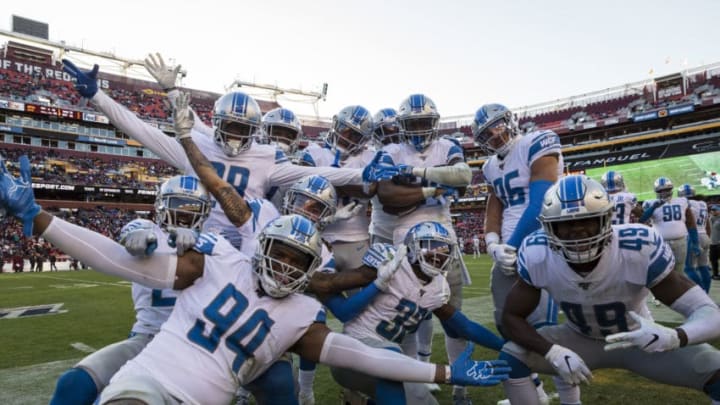 LANDOVER, MD - NOVEMBER 24: Amani Oruwariye #24 of the Detroit Lions celebrates its teammates after intercepting a pass against the Washington Redskins during the second half at FedExField on November 24, 2019 in Landover, Maryland. (Photo by Scott Taetsch/Getty Images)