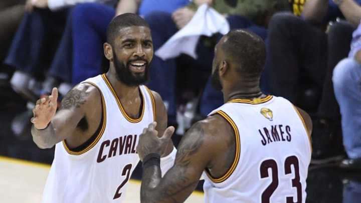 Jun 7, 2017; Cleveland, OH, USA; Cleveland Cavaliers guard Kyrie Irving (2) celebrates with forward LeBron James (23) during the third quarter against the Golden State Warriors in game three of the 2017 NBA Finals at Quicken Loans Arena. Mandatory Credit: Kyle Terada-USA TODAY Sports