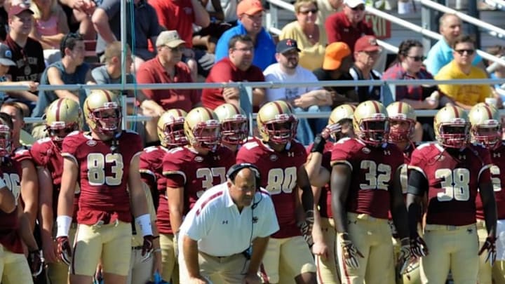 Sep 5, 2015; Boston, MA, USA; Boston College Eagles head coach Steve Addazio watches the action during the first half against the Maine Black Bears at Alumni Stadium. Mandatory Credit: Bob DeChiara-USA TODAY Sports