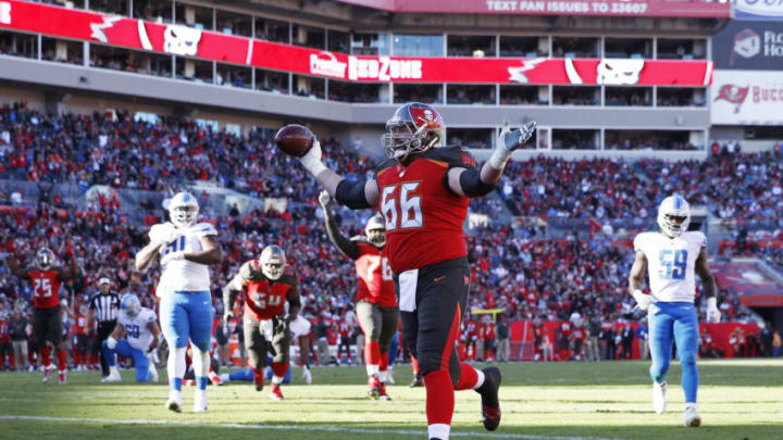 TAMPA, FL - DECEMBER 10: Leonard Wester #66 of the Tampa Bay Buccaneers reacts after making a two-yard touchdown reception against the Detroit Lions in the fourth quarter of a game at Raymond James Stadium on December 10, 2017 in Tampa, Florida. The Lions won 24-21. (Photo by Joe Robbins/Getty Images)