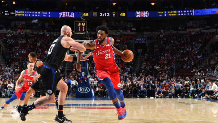 PHILADELPHIA, PA - NOVEMBER 1: Joel Embiid #21 of the Philadelphia 76ers handles the ball against the LA Clippers on November 1, 2018 at Wells Fargo Center in Philadelphia, Pennsylvania. NOTE TO USER: User expressly acknowledges and agrees that, by downloading and/or using this photograph, user is consenting to the terms and conditions of the Getty Images License Agreement. Mandatory Copyright Notice: Copyright 2018 NBAE (Photo by Jesse D. Garrabrant/NBAE via Getty Images)