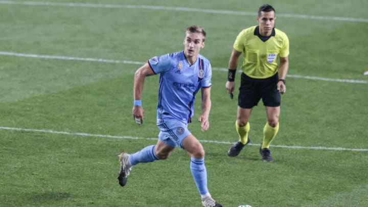 Sep 26, 2020; Harrison, New Jersey, USA; New York City FC midfielder James Sands. Mandatory Credit: Vincent Carchietta-USA TODAY Sports