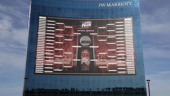 Mar 16, 2015; Indianapolis, IN, USA; A large banner displaying the NCAA Mens Basketball Championship bracket is on the front of the J.W. Marriott hotel in downtown Indianapolis. Mandatory Credit: Brian Spurlock-USA TODAY Sports