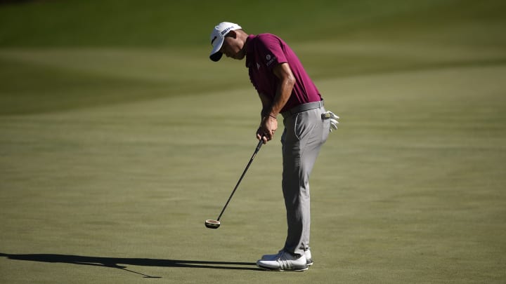 Oct 17, 2020; Las Vegas, Nevada, USA; Collin Morikawa putts on the sixth hole during the third round of the CJ Cup golf tournament at Shadow Creek Golf Course. Mandatory Credit: Kelvin Kuo-USA TODAY Sports