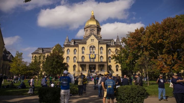 SOUTH BEND, IN - OCTOBER 15: General campus view of The Golden Dome and the Main Building seen before the game against Stanford at Notre Dame Stadium on October 15, 2016 in South Bend, Indiana. Stanford defeated Notre Dame 17-10. (Photo by Michael Hickey/Getty Images)