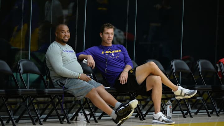 EL SEGUNDO, CA - SEPTEMBER 25: Head Coach Luke Walton of the Los Angeles Lakers looks on during the practice at UCLA Health Training Center on September 25, 2018 in El Segundo, California. NOTE TO USER: User expressly acknowledges and agrees that, by downloading and/or using this Photograph, user is consenting to the terms and conditions of the Getty Images License Agreement. Mandatory Copyright Notice: Copyright 2018 NBAE (Photo by Andrew D. Bernstein/NBAE via Getty Images) EL SEGUNDO, CA - SEPTEMBER 25: Head Coach Luke Walton of the Los Angeles Lakers looks on during the practice at UCLA Health Training Center on September 25, 2018 in El Segundo, California. NOTE TO USER: User expressly acknowledges and agrees that, by downloading and/or using this Photograph, user is consenting to the terms and conditions of the Getty Images License Agreement. Mandatory Copyright Notice: Copyright 2018 NBAE (Photo by Andrew D. Bernstein/NBAE via Getty Images)