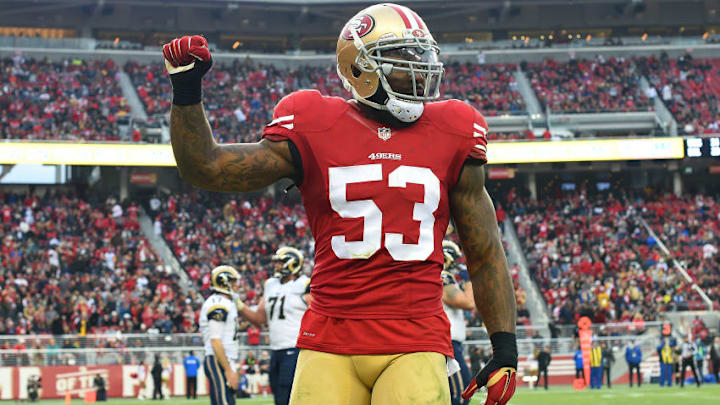 SANTA CLARA, CA - JANUARY 03: NaVorro Bowman #53 of the San Francisco 49ers reacts after a play against th St. Louis Rams during an NFL football game at Levi's Stadium on January 3, 2016 in Santa Clara, California. (Photo by Thearon W. Henderson/Getty Images)