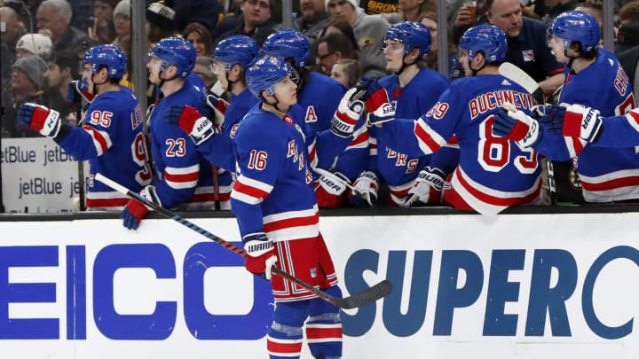 BOSTON, MA – MARCH 27: New York Rangers right wing Ryan Strome (16) skates by the bench after scoring during a game between the Boston Bruins and the New York Rangers on March 27, 2019, at TD Garden in Boston, Massachusetts. (Photo by Fred Kfoury III/Icon Sportswire via Getty Images)