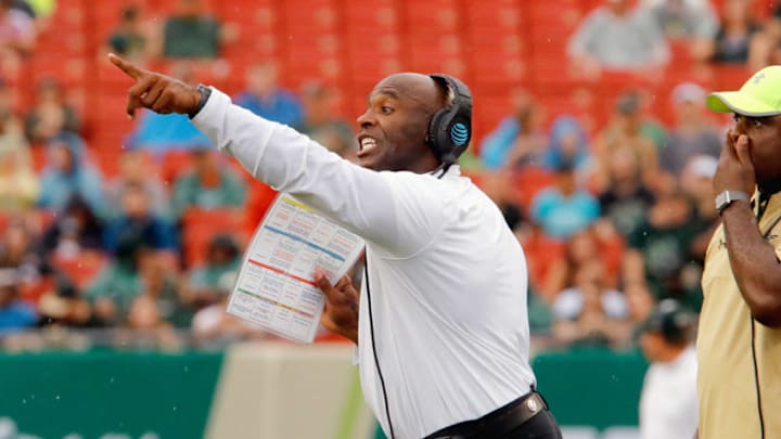 TAMPA, FL - SEPTEMBER 2: Head coach Charlie Strong of the South Florida Bulls yells instructions to his team on the field during the game against the Stony Brook Sea Wolves at Raymond James Stadium on September 2, 2017 in Tampa, Florida. (Photo by Joseph Garnett Jr. /Getty Images)