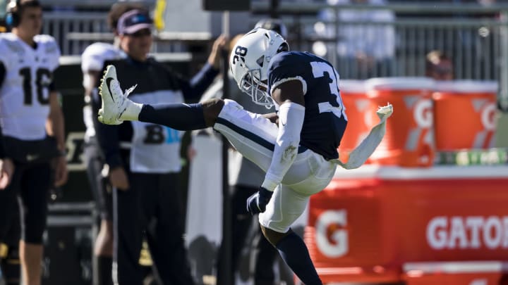 STATE COLLEGE, PA – OCTOBER 05: Lamont Wade #38 of the Penn State Nittany Lions celebrates after a sack against the Purdue Boilermakers during the second half at Beaver Stadium on October 5, 2019 in State College, Pennsylvania. (Photo by Scott Taetsch/Getty Images)