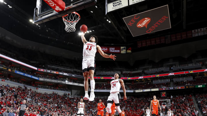 LOUISVILLE, KY – FEBRUARY 19: Jordan Nwora #33 of the Louisville Cardinals goes up for a dunk during a game against the Syracuse Orange at KFC YUM! Center on February 19, 2020 in Louisville, Kentucky. Louisville defeated Syracuse 90-66. (Photo by Joe Robbins/Getty Images)