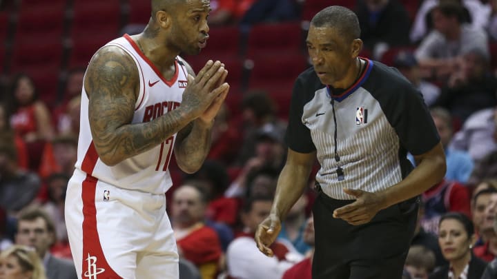Jan 15, 2020; Houston, Texas, USA; Houston Rockets forward PJ Tucker (17) talks with an official during the fourth quarter against the Portland Trail Blazers at Toyota Center. Mandatory Credit: Troy Taormina-USA TODAY Sports
