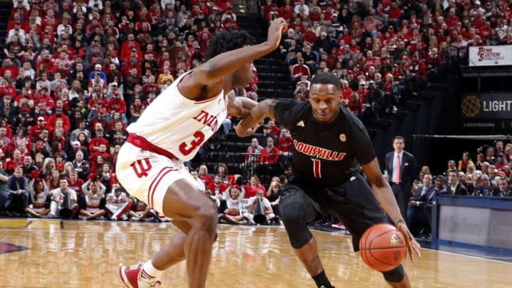 Dec 31, 2016; Indianapolis, IN, USA; Louisville Cardinals guard Tony Hicks (1) drives to the basket against Indiana Hoosiers forward OG Anunoby (3) at Bankers Life Fieldhouse. Mandatory Credit: Brian Spurlock-USA TODAY Sports