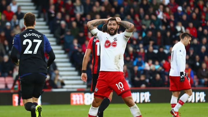 BOURNEMOUTH, ENGLAND - DECEMBER 03: Charlie Austin of Southampton reacts during the Premier League match between AFC Bournemouth and Southampton at Vitality Stadium on December 3, 2017 in Bournemouth, England. (Photo by Clive Rose/Getty Images)