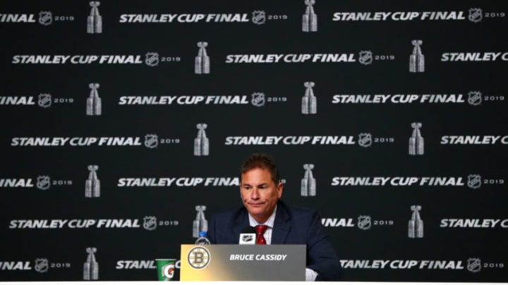 BOSTON, MASSACHUSETTS - MAY 29: Head coach Bruce Cassidy of the Boston Bruins speaks to the media following his teams 3-2 overtime loss to the St. Louis Blues in Game Two of the 2019 NHL Stanley Cup Final at TD Garden on May 29, 2019 in Boston, Massachusetts. (Photo by Adam Glanzman/Getty Images)