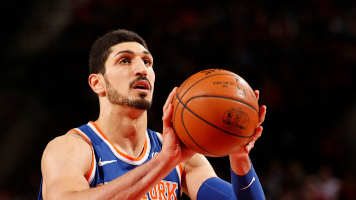 PORTLAND, OR – MARCH 6: Enes Kanter #00 of the New York Knicks shoots a free throw against the Portland Trail Blazers on March 6, 2018 at the Moda Center in Portland, Oregon. NOTE TO USER: User expressly acknowledges and agrees that, by downloading and or using this Photograph, user is consenting to the terms and conditions of the Getty Images License Agreement. Mandatory Copyright Notice: Copyright 2018 NBAE (Photo by Cameron Browne/NBAE via Getty Images)