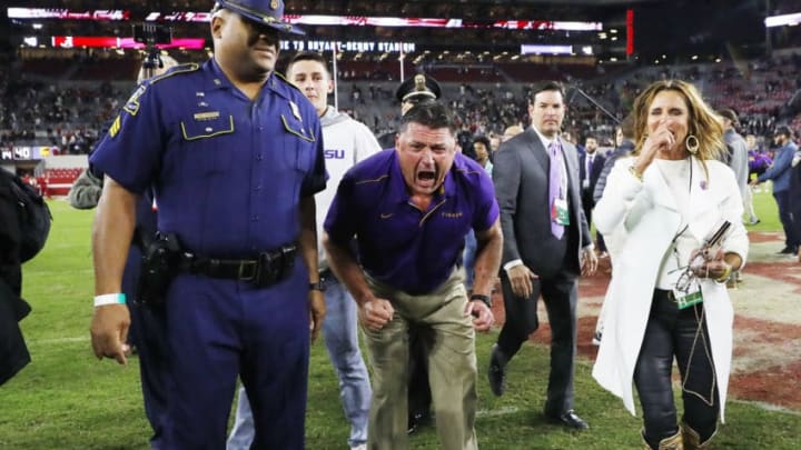 TUSCALOOSA, ALABAMA - NOVEMBER 09: Head coach Ed Orgeron of the LSU Tigers celebrates after defeating the Alabama Crimson Tide 46-41 at Bryant-Denny Stadium on November 09, 2019 in Tuscaloosa, Alabama. (Photo by Kevin C. Cox/Getty Images)