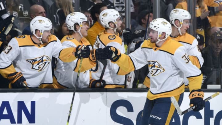 LOS ANGELES, CA - JANUARY 4: Yakov Trenin #32 of the Nashville Predators celebrates his goal with teammates during the third period against the Los Angeles Kings at STAPLES Center on January 4, 2019 in Los Angeles, California. (Photo by Adam Pantozzi/NHLI via Getty Images)