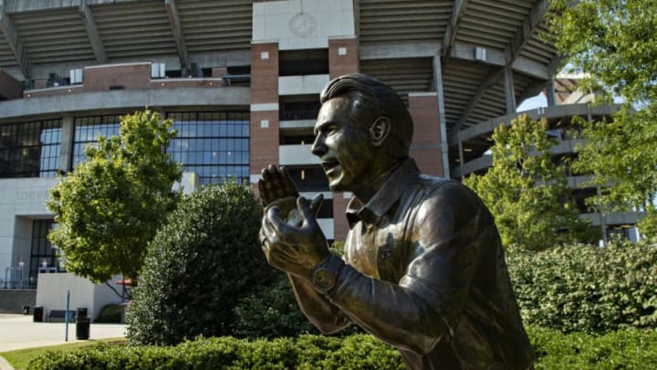 TUSCALOOSA, AL - SEPTEMBER 22: Statue of Head Coach Nick Saban on campus before a game between the Alabama Crimson Tide and the Texas A&M Aggies at Bryant-Denny Stadium on September 22, 2018 in Tuscaloosa, Alabama. (Photo by Wesley Hitt/Getty Images)