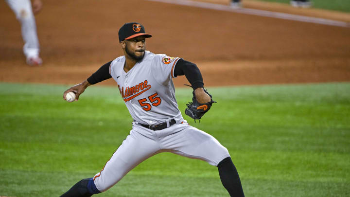 Aug 3, 2022; Arlington, Texas, USA; Baltimore Orioles relief pitcher Dillon Tate (55) in action during the game between the Texas Rangers and the Baltimore Orioles at Globe Life Field. Mandatory Credit: Jerome Miron-USA TODAY Sports