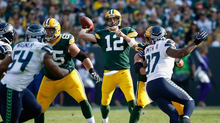 GREEN BAY, WI – SEPTEMBER 10: Aaron Rodgers #12 of the Green Bay Packers throws a pass during the first half against the Seattle Seahawks at Lambeau Field on September 10, 2017 in Green Bay, Wisconsin. (Photo by Joe Robbins/Getty Images)