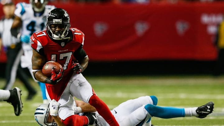 ATLANTA, GA - DECEMBER 28: Devin Hester #17 of the Atlanta Falcons is tackled by Colin Jones #42 of the Carolina Panthers in the second half at the Georgia Dome on December 28, 2014 in Atlanta, Georgia. (Photo by Kevin C. Cox/Getty Images)